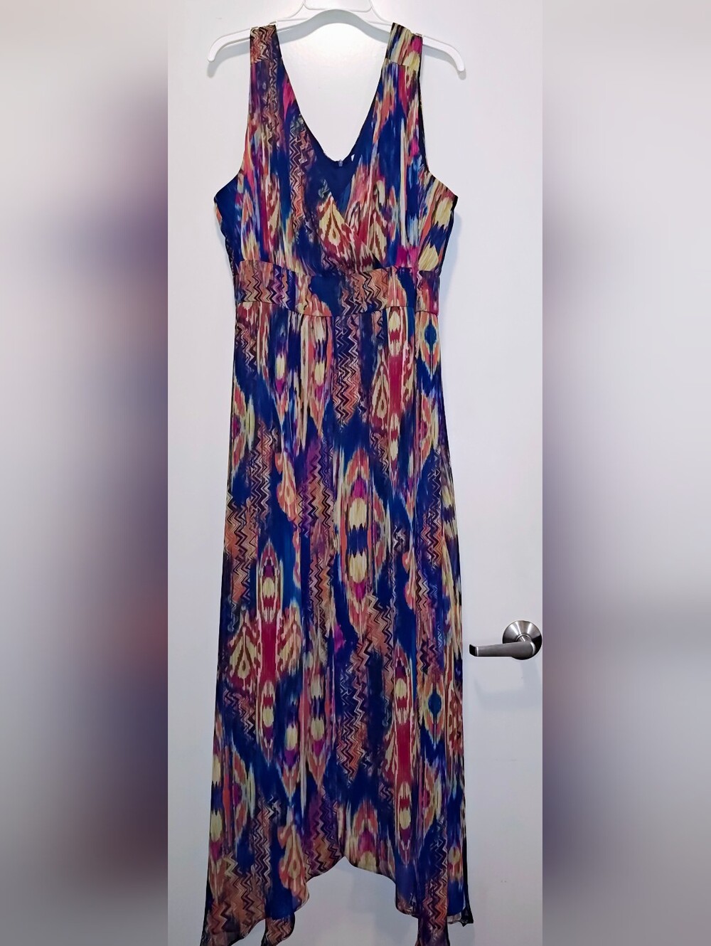 K Jordan Blue Pink Yellow Ikat Print Maxi Dress
